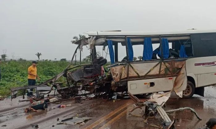 A colisão foi tão violenta que o motor do micro-ônibus foi parar dentro do mato.