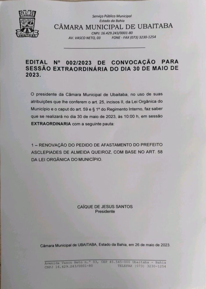 Edital de convoção para sessão extraordinária.