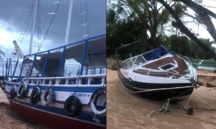 Ventania arrasta embarcações para faixa de areia em Barra Grande; barco ficou destruído