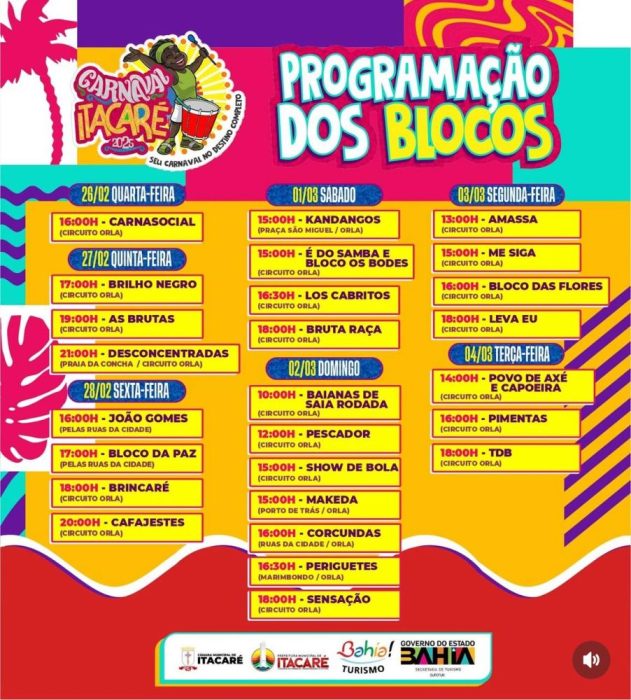 Veja programação completa do Carnaval de Itacaré.