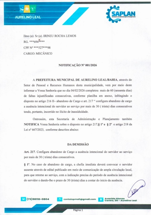 Crédito: Prefeitura de Aurelino Leal