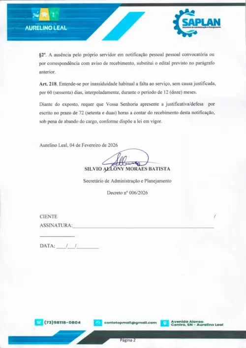 Crédito: Prefeitura de Aurelino Leal