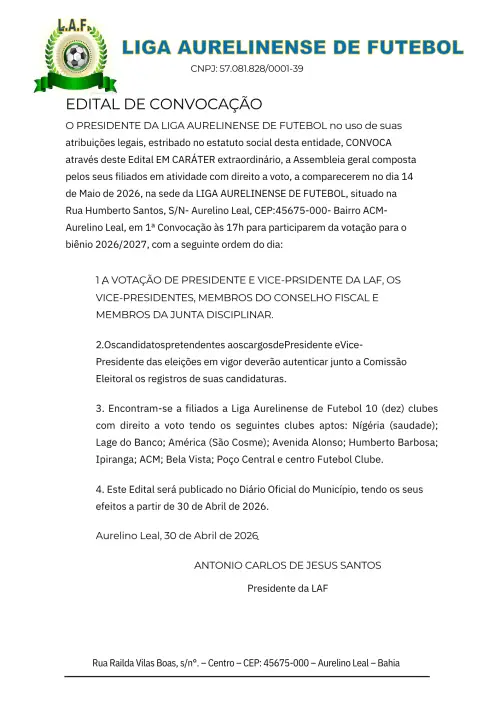 O edital foi publicado no dia 30 de abril